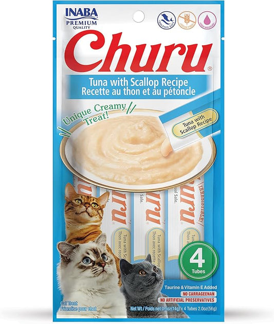 INABA Churu Cat Treats, Grain-Free, Lickable, Squeezable Creamy Purée Cat Treat/Topper with Vitamin E & Taurine, 0.5 Ounces Each Tube, 4 Tubes, Tuna with Scallop Recipe