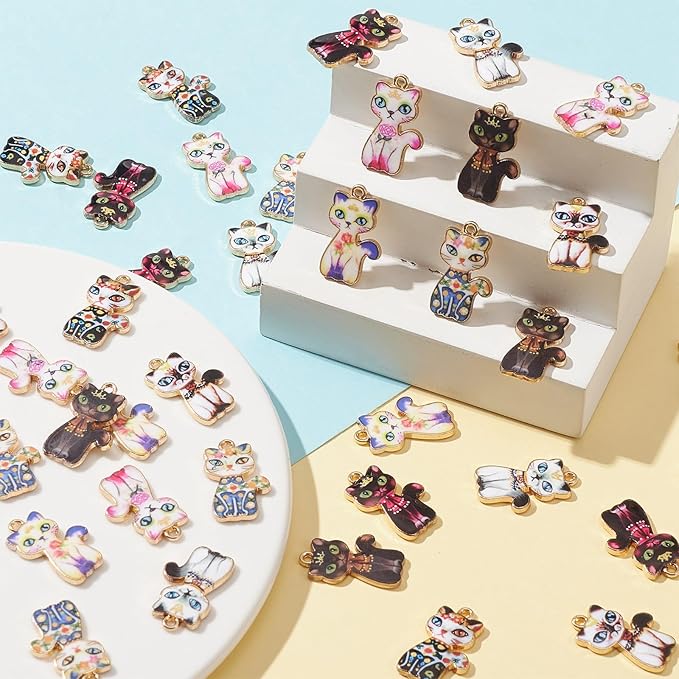 KitBeads 40pcs 8 Styles Cat Charms Flower Printed Animal Pet Charms Vintage Cute Colorful Kitten Charms for Jewelry Making Bulk
