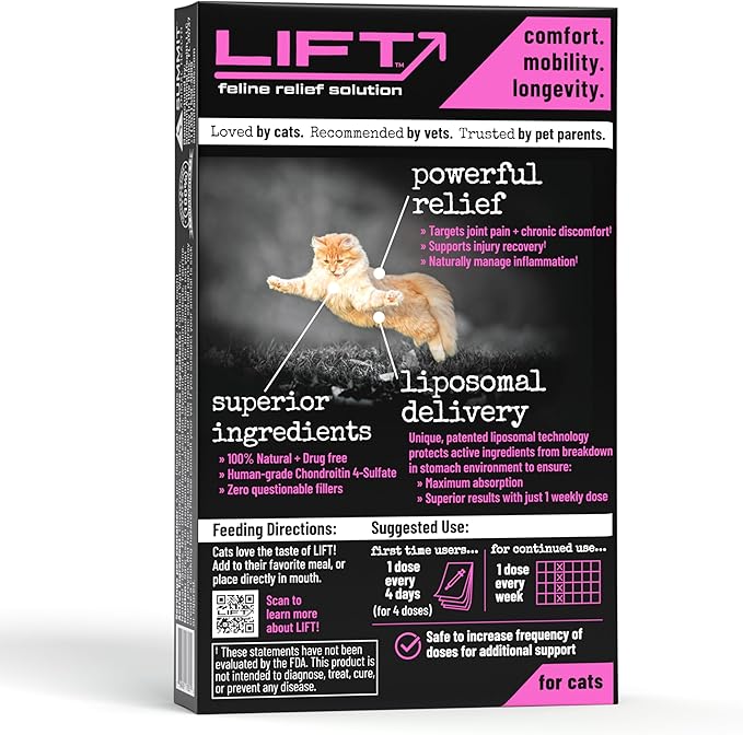 Lift Feline Pain Relief Supplement Inflammation Hip & Joint Support Vitamin for Cats - Natural Chrondroitin with Liposomal Delivery for Arthritis - Drug Free - All Ages