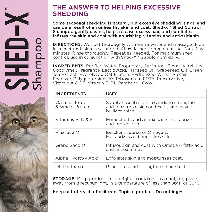 Shed-X Shed Control Shampoo for Cats, 8 oz – Reduce Shedding – Shedding Shampoo Infuses Skin and Coat with Vitamins and Antioxidants to Clean, Release Excess Hair and Exfoliate