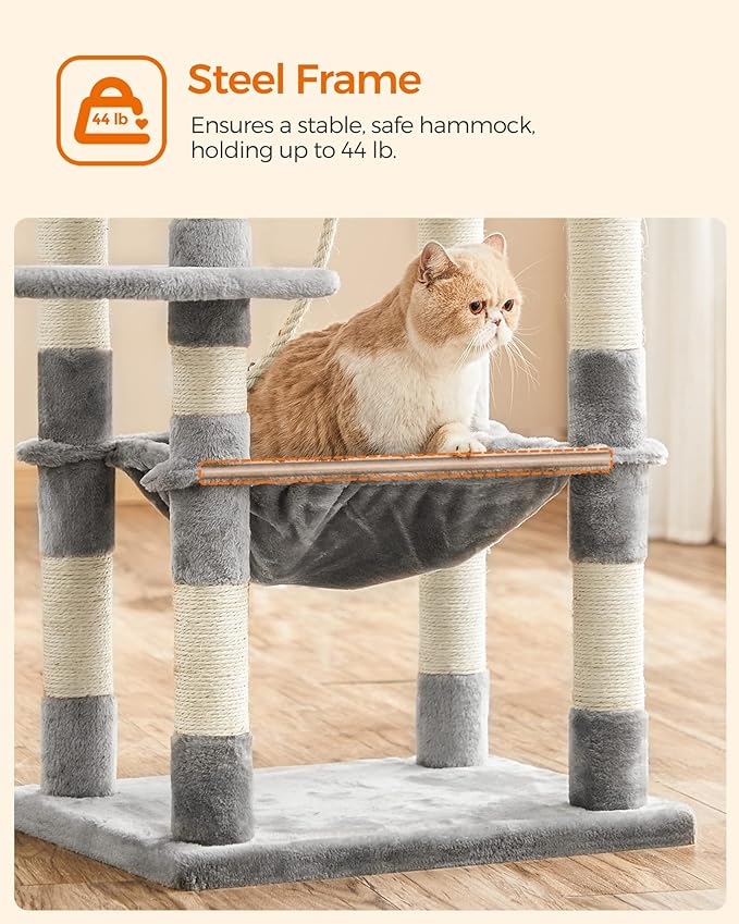 FEANDREA Cat Tree, Cat Tower for Indoor Cats, 56.3-Inch Cat Condo with Scratching Posts, Hammock, Plush Perch, Light Gray UPCT15W