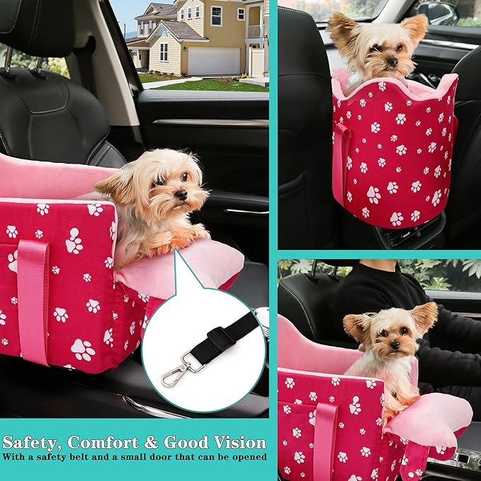 Cullaby Center Console Dog Car Seat Small under 15 lbs, dog console car seat for Small Dogs Middle (Pink)…