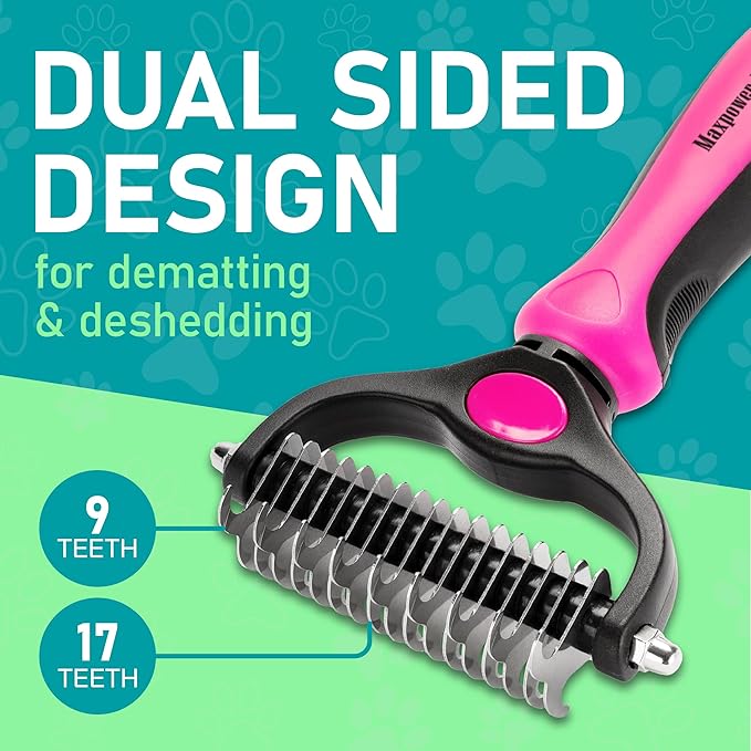 Maxpower Planet Pet Grooming Brush - Double Sided Shedding, Dematting Undercoat Rake for Dogs, Cats - Extra Wide Dog Grooming Brush, Dog Brush for Shedding, Cat Brush, Reduce Shedding by 95%, Pink