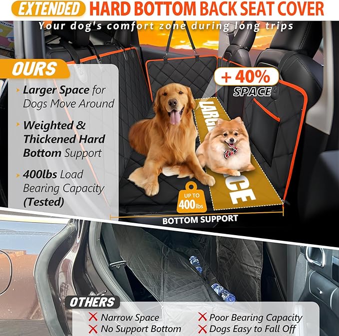Back Seat Extender for Dogs, Dog Car Seat Cover Hard Bottom Holds 400lbs, Sturdy Backseat Extender for Dogs, Waterproof Dog Hammock for Car, SUV, Truck Orange