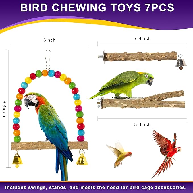 Bird Perch Parakeet Chewing Toys 7PCS - Parrot Cage Accessories Stuff, Natural Wooden Foraging Chew Toys for Budgerigars, Conure, Cockatiel, Finch, Lovebirds, Perches for Medium, Small Birds