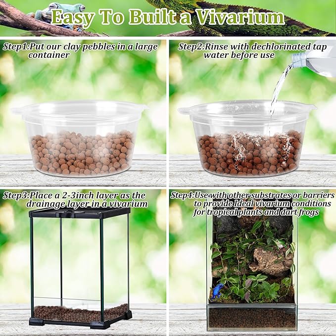 6LBS Expanded Clay Balls Terrarium Substrate for Reptiles - 100% Organic Lightweight Clay Pebbles Substrate Frogs False Bottom Substrate, Bioactive Terrarium Substrate for Drainage and Moisture