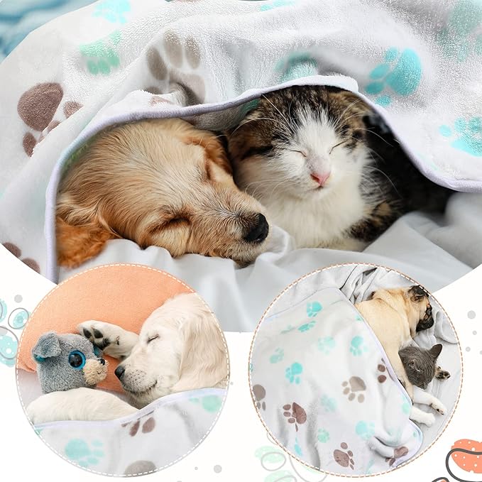 4 Pcs Pet Blanket Dog Puppy Blanket Paw Print Fleece Blanket for Small Medium Pet Dog Cat Warm Soft Sleep Mat Guinea Pig Cage Liners Blanket (Milky White,Small(24 x 16 Inch))