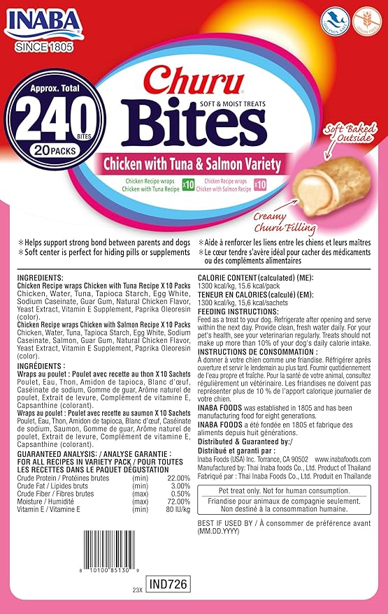 INABA Churu Bites Dog Treat, Grain-Free, Baked Chicken Filled with Churu, Chicken Recipe Wraps Tuna Recipe & Salmon Recipe 20 Pack Variety