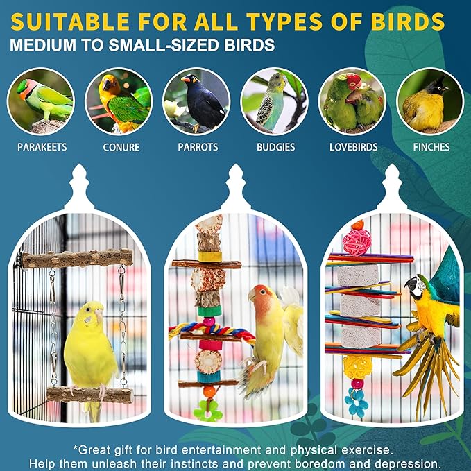 Bird Swing Parakeet Chewing Toys 6PCS - Parrot Cage Accessories Stuff, Natural Wooden Foraging Chew Toys for Budgerigars, Conure, Cockatiel, Finch, Lovebirds, Perches for Medium, Small Birds