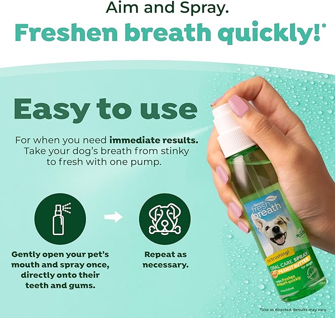 TropiClean Fresh Breath Spray for Dogs & Cats | Peanut Butter Flavored | Travel-Ready Pet Breath Freshener Spray | Made in the USA | 4 oz.