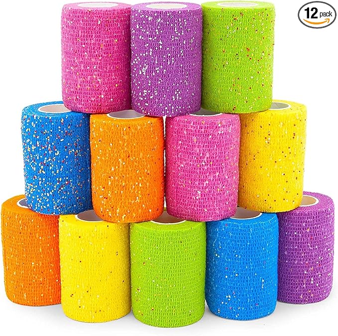 Self Adhesive Wrap, Glitter Cohesive Vet Tape for Pets (3x180 in, 12 Pack)