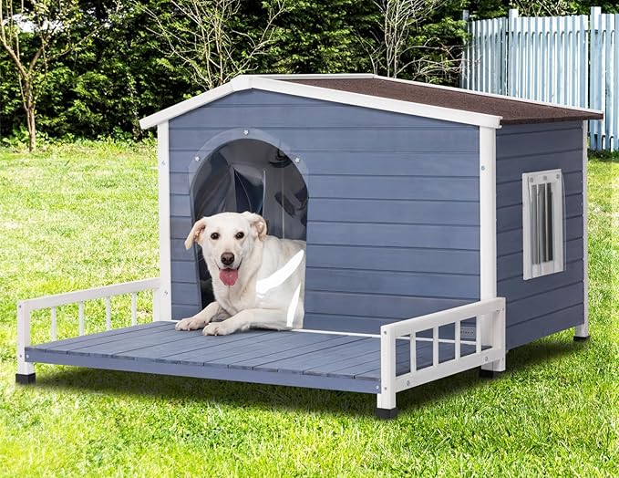 Petsfit Large Dog House with Terrace & Openable Asphalt Roof, 45" L x 54" W x33 H, XL Dog House Outdoor with Elevated Floor, Window & Door Flap, Outdoor Dog House for Large Dogs