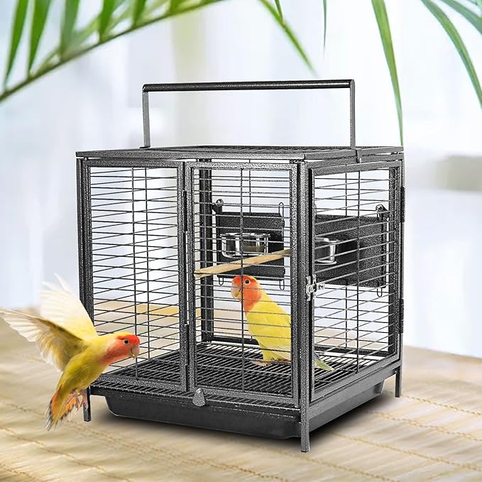 Portable Bird Travel Carrier Cage Black 19 Inch with Handle Wooden Perch,parrot travel cage medium birds for Cockatiels, Conures