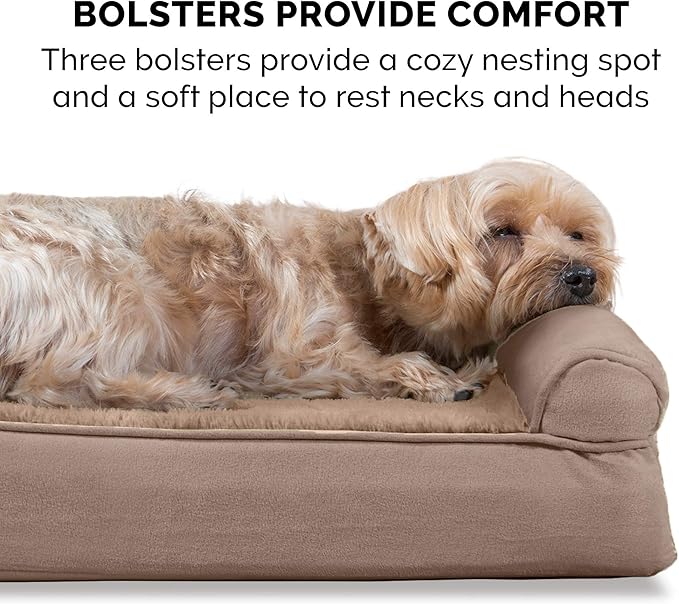 Furhaven Orthopedic Dog Bed for Medium/Small Dogs w/ Removable Bolsters & Washable Cover, For Dogs Up to 35 lbs - Plush & Suede Sofa - Almondine, Medium