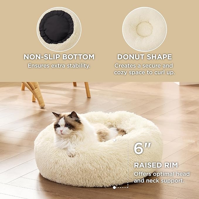 Bedsure Calming Cat Bed for Indoor Cats - Small Washable Round Cat Bed, Anti-Slip Fluffy Plush Faux Fur Pet Bed, Fits up to 15 lbs Pets, Oat Milk, 20 inches