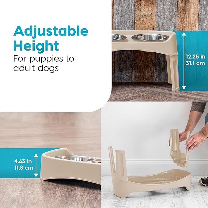 IRIS USA Elevated Dog Bowls, Adjustable Height, 2 Thick 64 oz Stainless Steel Bowls, Spill-Proof with Raised Outer Rim, Durable Made in USA Plastic, Easy Assemble, 2 Heights 4.63" or 12.25" Almond