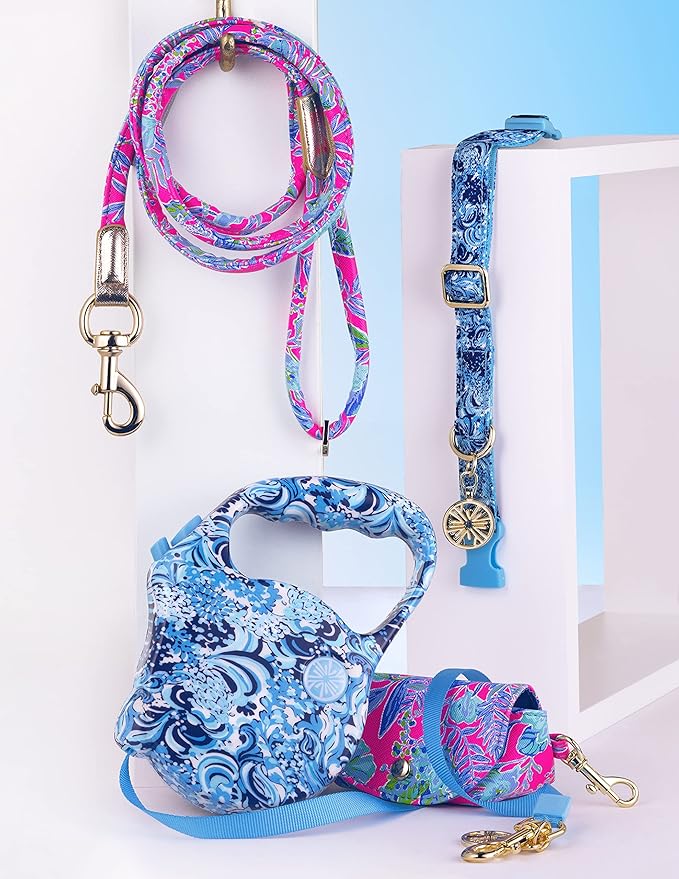 Lilly Pulitzer S/M Adjustable Blue Puppy Dog Collar, Cute Heavy Duty Canvas Collar with Snap Closure and Ring for Leash/Tag, Mermazing