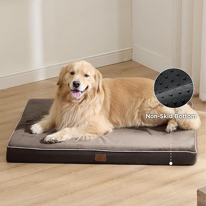 Bedsure Memory Foam Extra Large Plus Dog Bed - Orthopedic Waterproof Dog Bed for Crate with Removable Washable Cover and Nonskid Bottom - Plush Flannel Fleece Top Pet Bed, Brown