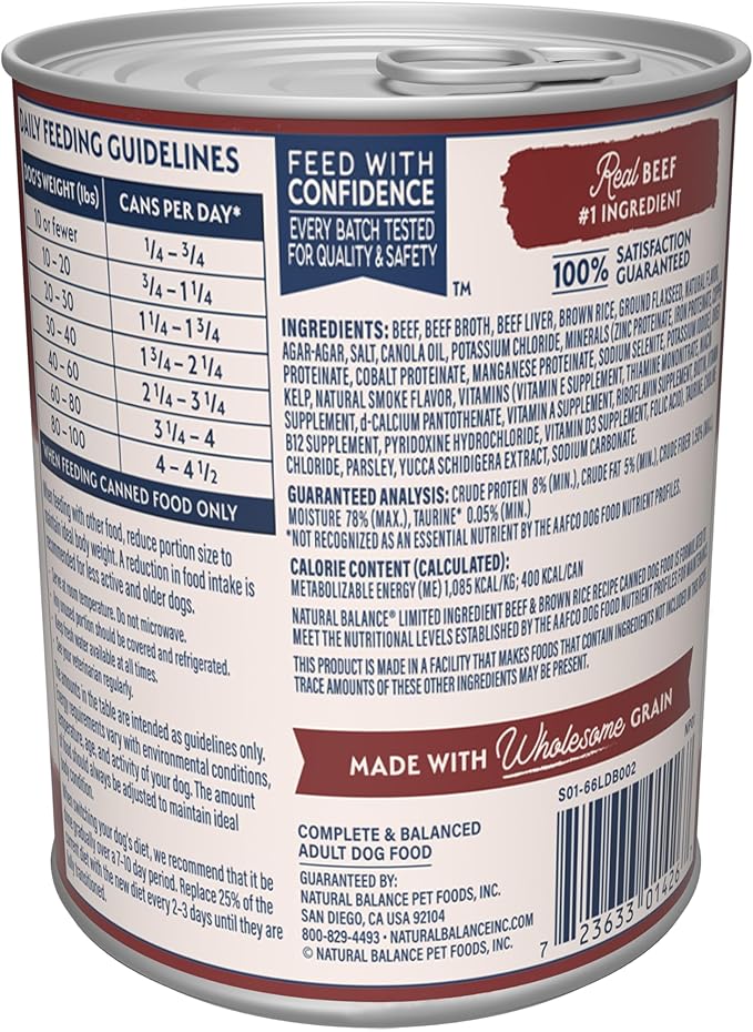 Natural Balance Limited Ingredient Adult Wet Canned Dog Food with Healthy Grains, Beef & Brown Rice Recipe, 13 Ounce (Pack of 12)