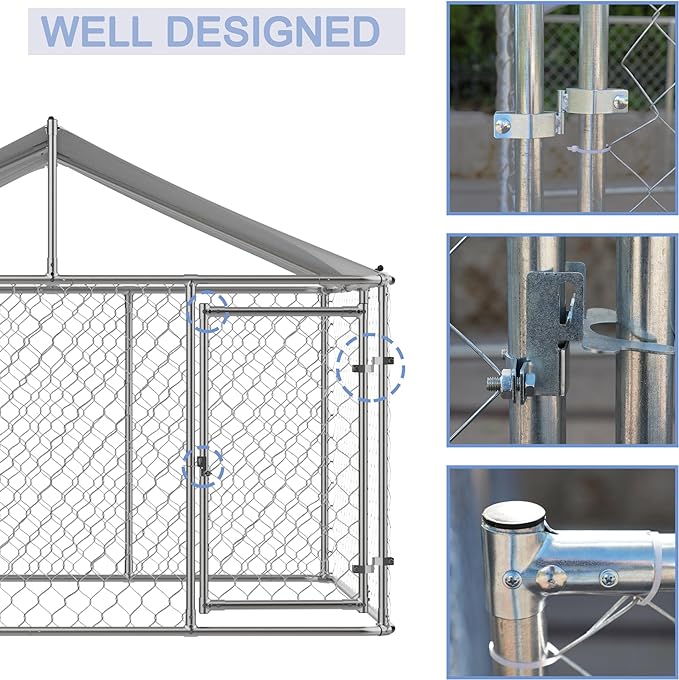 Dog Kennel Outdoor Dog House, Large Heavy Duty Dog Cage w/Waterproof Cover, Galvanized Steel Dog Fence House w/Secure Lock, Anti Rust Dog Enclosure Playpen for Backyard,90 x 90 x 65 in