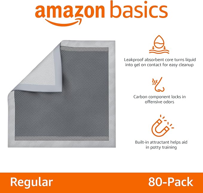 Amazon Basics Dog and Puppy Pee Pads with 5-Layer Leak-Proof Design and Quick-Dry Surface for Potty Training, Odor-Control Carbon, Regular Size, 22 x 22 Inch - Pack of 80, Gray