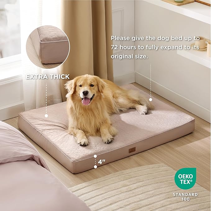 Bedsure Orthopedic Dog Bed for Extra Large Dogs - XL Memory Foam Dog Beds, 2-Layer Thick Pet Bed with Removable Washable Cover and Waterproof Lining (44x32x4 Inches), Beige