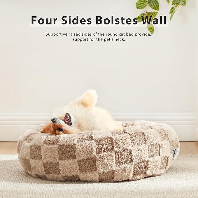 Love's cabin Round Donut Cat and Dog Cushion Bed, 20in Pet Bed For Cats or Small Dogs, Anti-Slip & Water-Resistant Bottom, Super Soft Durable Fabric Pet beds, Washable Luxury Cat & Dog Bed Brown Plaid