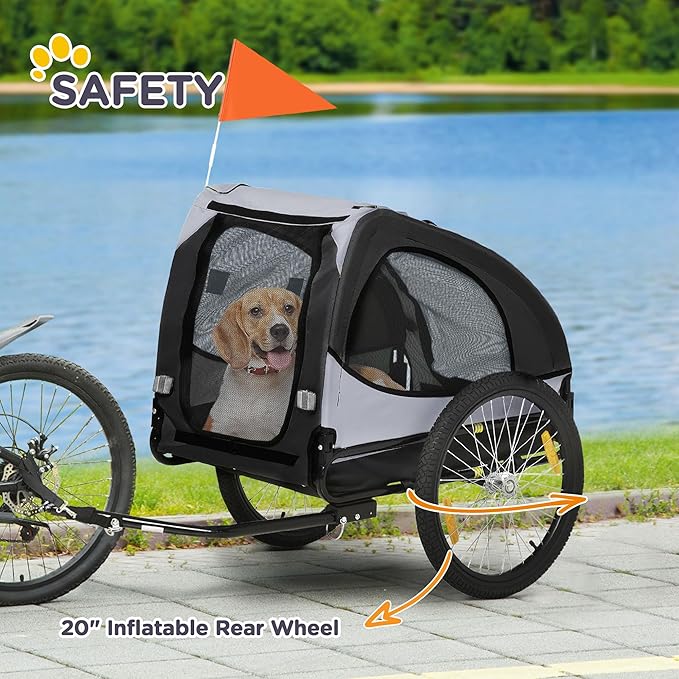 Aosom Dog Bike Trailer, Pet Bike Wagon with Steel Frame, Hitch Coupler, Quick Release Wheels, Reflectors, Flag, Pet Travel Carrier for Medium Dogs