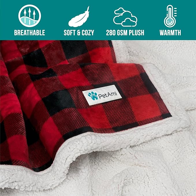 PetAmi WATERPROOFDog Blanket for Bed, XL Dog Pet Blanket Couch Cover Protection, Sherpa Fleece Leakproof Bed Blanket for Crate Kennel Sofa Furniture Protector, Reversible Soft Plush 80x60 Checker Red