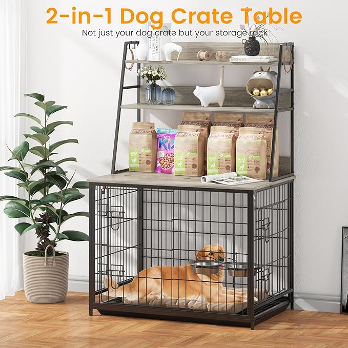 GAOMON Dog Crate Furniture with Storage Shelves, Wooden Dog Kennel with Removable Tray,Double Doors Modern Dog Crate,Indoor Dog House with Two Adjustable Stainless Steel Bowls,End Table Dog Cage,Grey