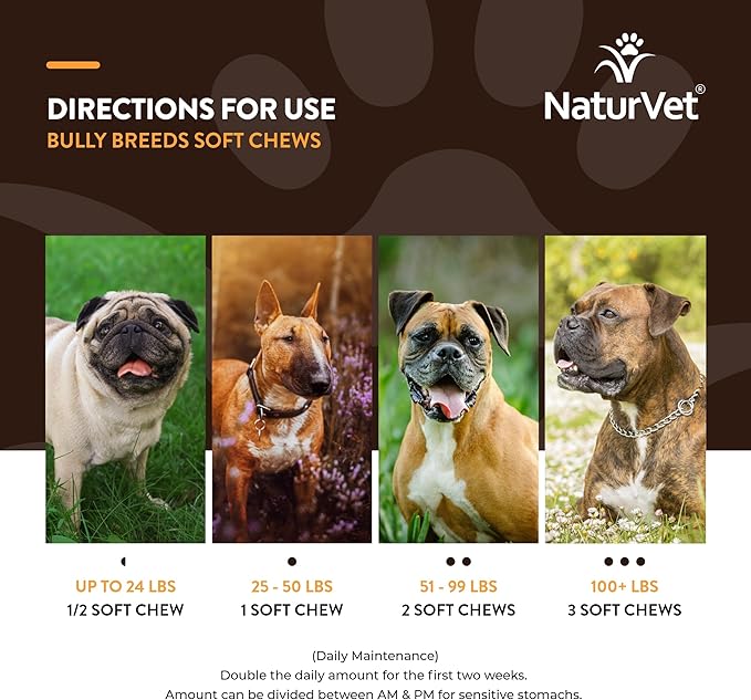 NaturVet Bulldog Breed Supplement- for Joint Support, Digestion, Skin, Coat Care- Dog Multivitamins with Minerals, Omega-3, PlaqueOff- Wheat-Free Vitamins for Dogs- Bully Breeds- 50 Soft Chews