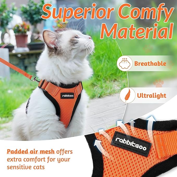 rabbitgoo Cat Harness and Leash for Walking, Escape Proof Soft Adjustable Vest Harnesses for Cats, Easy Control Breathable Reflective Strips Jacket, Orange, M