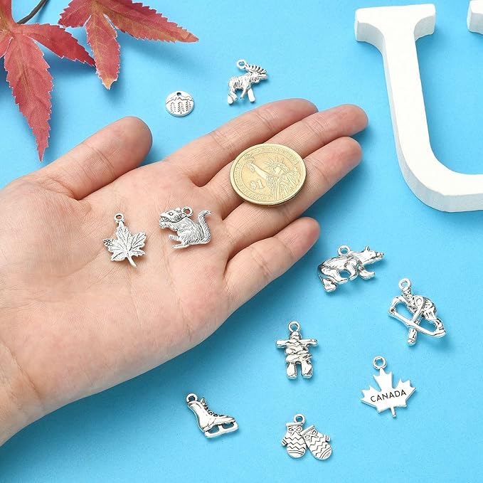 Stiesy 100 Pcs Canadian Themed Tibetan Alloy Charms Vintage Reindeer Bear Maple Leaf Squirrel Charms for DIY Crafts Keychain Making