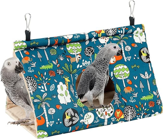 Rypet Winter Warm Bird Nest House - Hanging Hammock Velvet Shed Hut Cage Plush Fluffy Birds Hideaway Sleeping Bed Fuzzy for African Grey Cockatoo and Other Amazon Parrot Large（Blue）