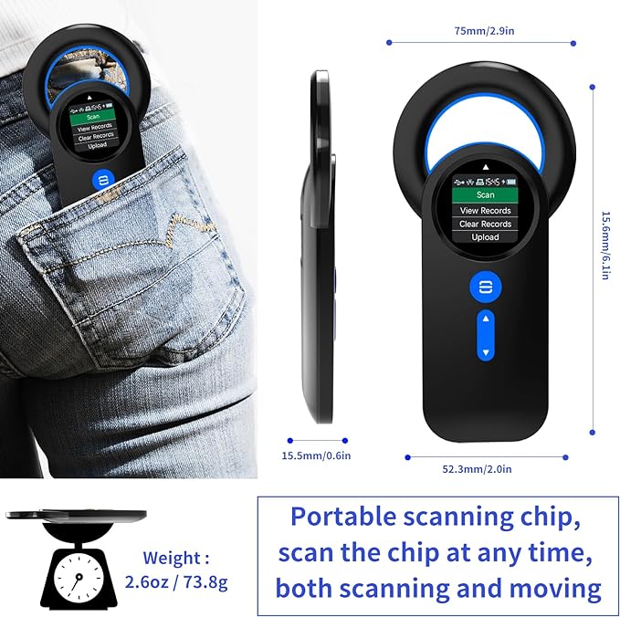 Symcode Bluetooth Animal Microchip Tag Reader Scanner Wireless RFID EMID Animal Handheld Reader Pet ID Scanner Rechargeable Animal Chip Scanner Pet Tag Scanner FDX-B(ISO 11784/11785) ID64 RFID