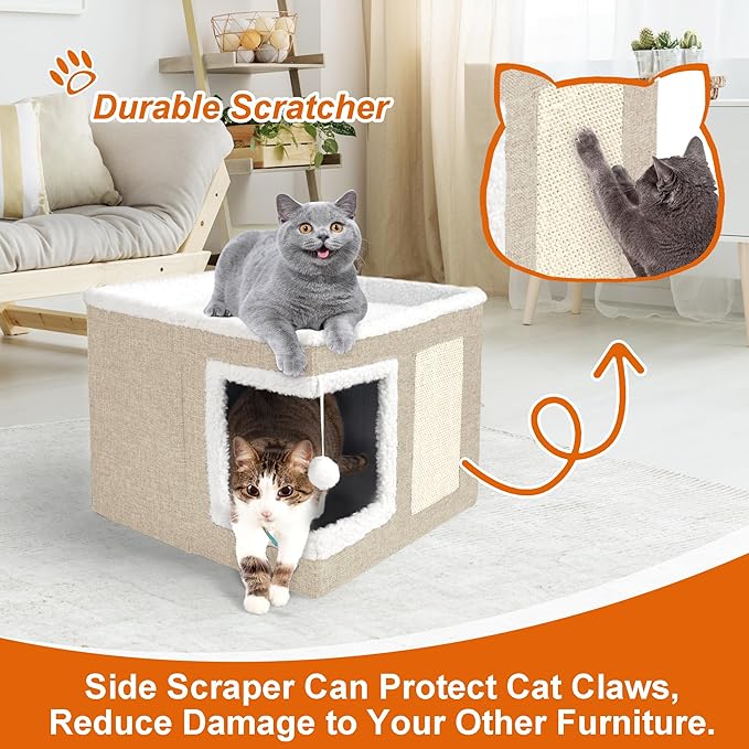 Cat Houses for Indoor Cats - Large Cat Bed Cave for Cat House with Scratch Pad and Fluffy Ball, Foldable Cat Hideaway with Reversible Cushion Cat Condo for Multi Small Pet, Khaki