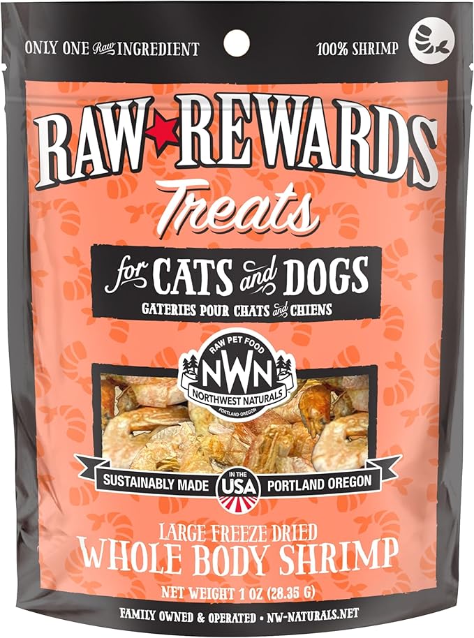 Northwest Naturals Raw Rewards Freeze-Dried Shrimp Treats for Dogs and Cats - Bite-Sized Pieces - Healthy, 1 Ingredient, Human Grade Pet Food, All Natural - 1 Oz (Packaging May Vary)