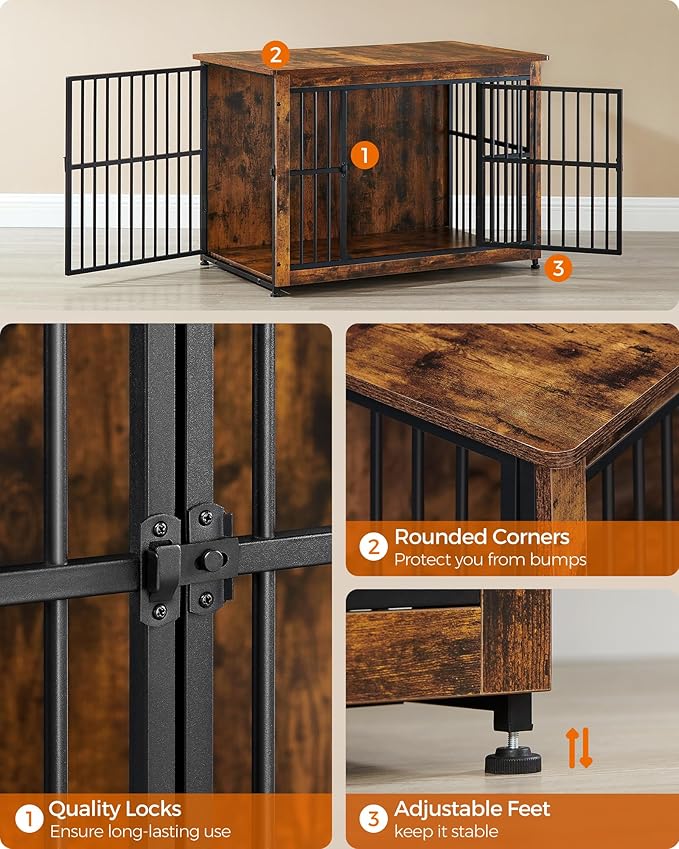 Feandrea Dog Crate Furniture, Side End Table, Modern Kennel for Dogs Indoor up to 70 lb, Heavy-Duty Dog Cage with Enclosed Base, Double-Door Dog House, Rustic Brown UPFC023X01