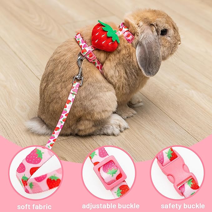 Rabbit Harness and Leash - Adjustable Bunny Harness Escape Proof for Walking Runnig Hiking Camping Outdoor - Pink Strawberry Pattern Cute Small Animal Harness Leash Set