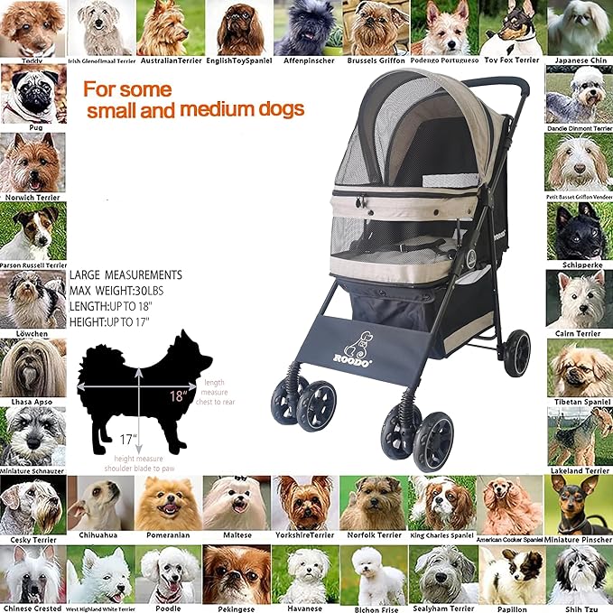 ROODO Dog Stroller 4 Wheel Pet Stroller Cat Stroller Lightweight Foldable Portable Compact Jogger Pet Gear Amazon Puppy Travel Pet Stroller Suitable for Cats and Dogs up to 30lbs(Light Khaki)