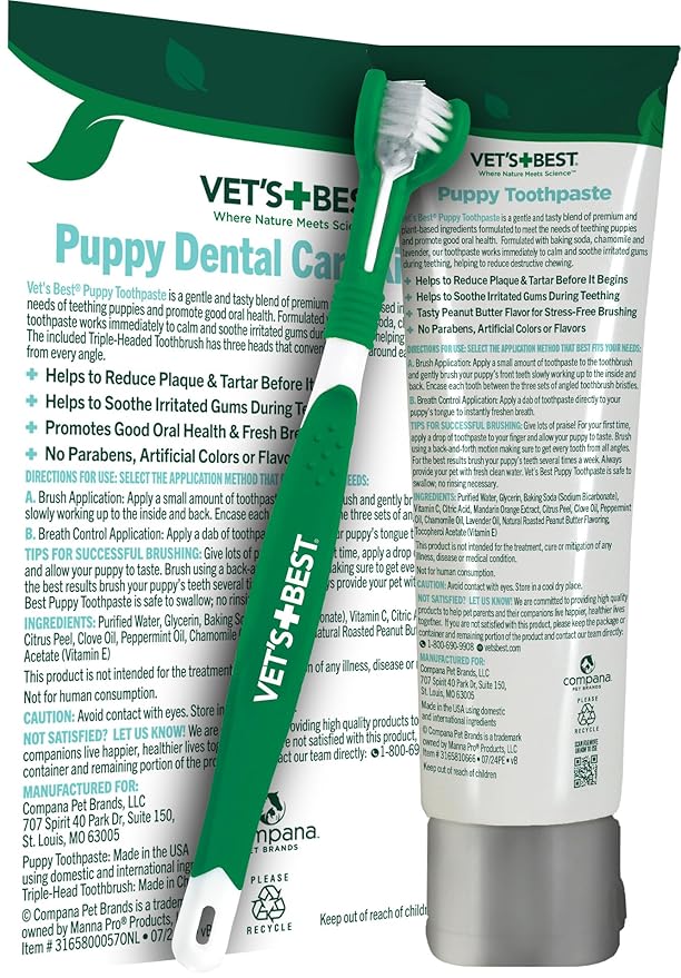 Vet’s Best Puppy Dental Kit – Toothbrush & Toothpaste for Puppies – Helps Soothe Irritated Gums During Teething, Freshens Breath, Prevent Plaque & Tartar - Natural Peanut Butter Flavor
