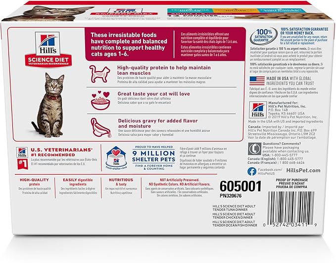 Hill's Science Diet Adult 1-6, Adult 1-6 Premium Nutrition, Wet Cat Food, Variety Case: Tuna; Chicken; Ocean Fish Stew, 5.5 oz Pouch Variety Case, Case of 12