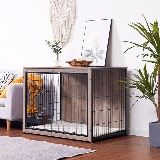 DWANTON Dog Crate Furniture with Cushion, XL Wooden Dog Crate with Double Doors, Large Dog Crate Furniture, Dog Kennel Indoor, Dog House, Extra Large, 43.3" L, Greige