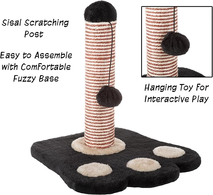 Cat Scratching Post ? Sisal Fabric and Carpet Small Cat Tree, Paw Shaped Base, Hanging Ball Toy for Adult Cats and Kittens by PETMAKER (Black/Tan)