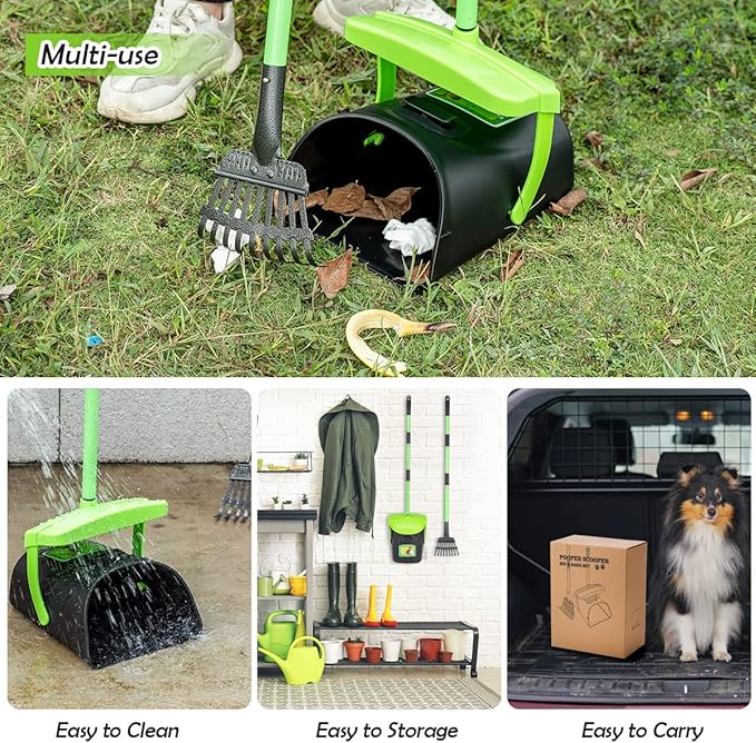 Pooper Scooper Swivel Bin & Rake Kit with 20 Waste Bags, 36.6" Long Handle Adjustable Portable Non-Breakable Dog Pooper Scooper for Large Medium Small Dogs, Poop Scooper for Lawn Yard Dog Kennel