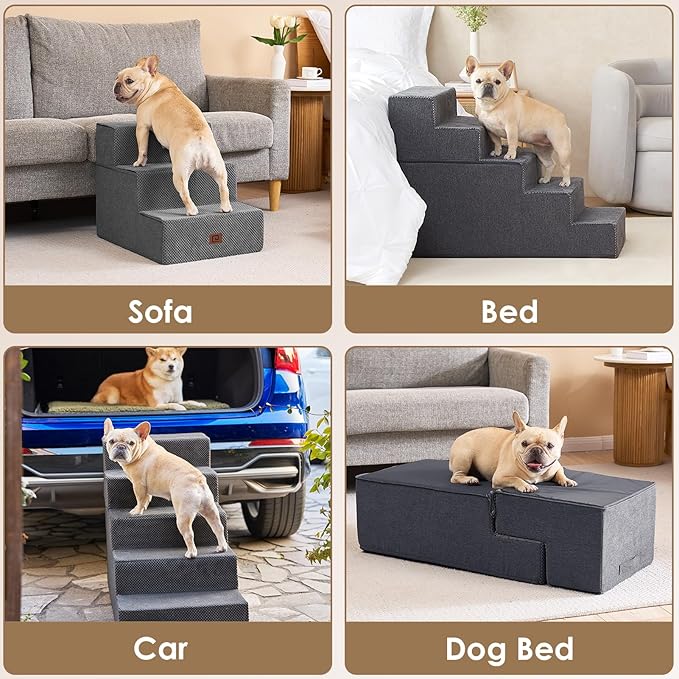 EHEYCIGA Dog Stairs for Small Dogs 16.5”H, 3-Step Extra Wide Dog Steps for Couch Sofa and Chair, Pet Steps for Small Dogs and Cats, Non-Slip Balanced Dog Indoor Ramp, Grey