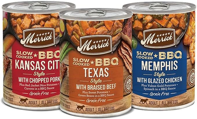 Merrick Slow-Cooked BBQ Premium Real Meat Canned Wet Dog Food Variety Pack, Beef, Chicken And Pork Recipes - (Pack of 1) 9.5 lb. Cans