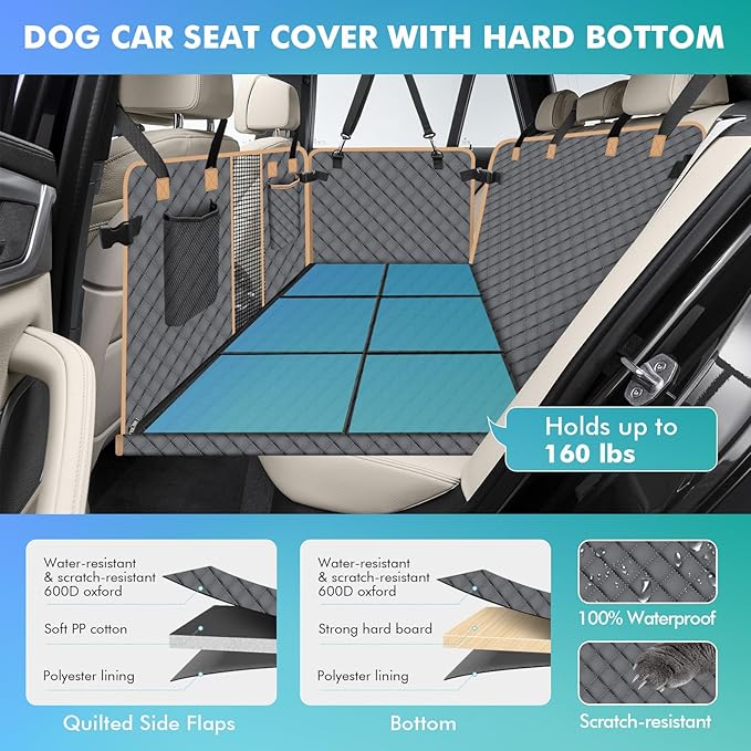 Dog Car Seat Cover with Hard Bottom, Dog Back Seat Extender for Dogs, Hard Bottom Dog Hammock for Car, SUV, Grey