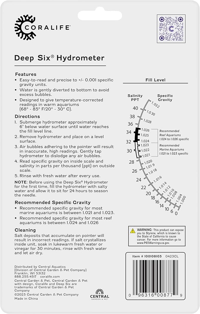 Coralife Aquarium Fish Tank Deep Six Hydrometer For Measuring Water Salinity PPT and Specific Gravity