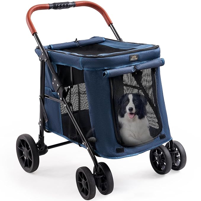 4 Wheels Pet Stroller for Small/Medium Dogs- One Button Fold, Adjustable Mesh Windows and Shades, 360° Swivel Front Wheels and Rear Wheel Brake